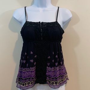 Free People Black and Purple Lace-Trim Spaghetti Strap Tank